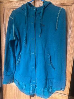 nomi Teal Hooded Bomber Jacket/Sweatshirt with Plaid Hem